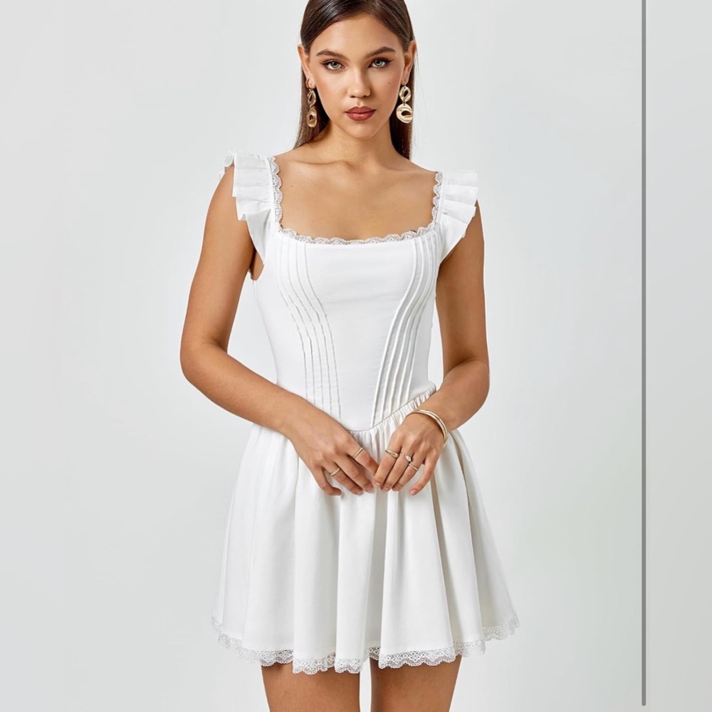 GLNEGE Women's Graduation Corset Square Neck Short Ruffle Sleeve A Line Cute